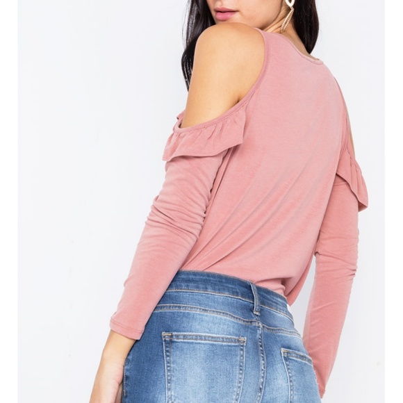 Mauve Pink Pretty Ruffle Soft Cold Shoulder Top - Picture 3 of 8